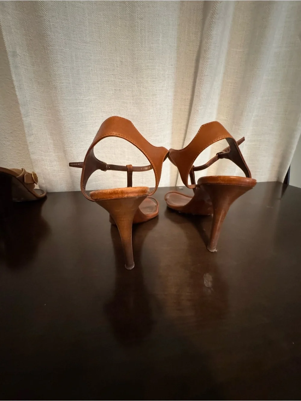 Ralph Lauren Cognac T-Strap Leather High Heels